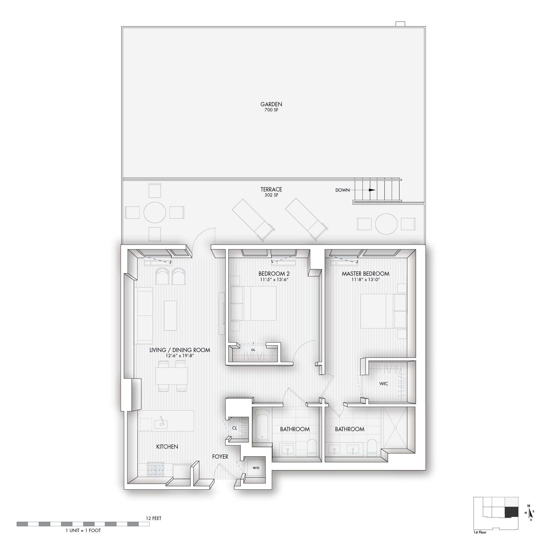Floor plan for 2 beds, 2 baths, 1043 sqft